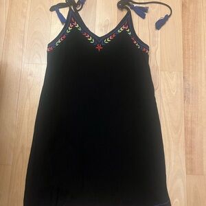 Aqua Black Cotton Dress adjustable tie straps tribal print lined medium
